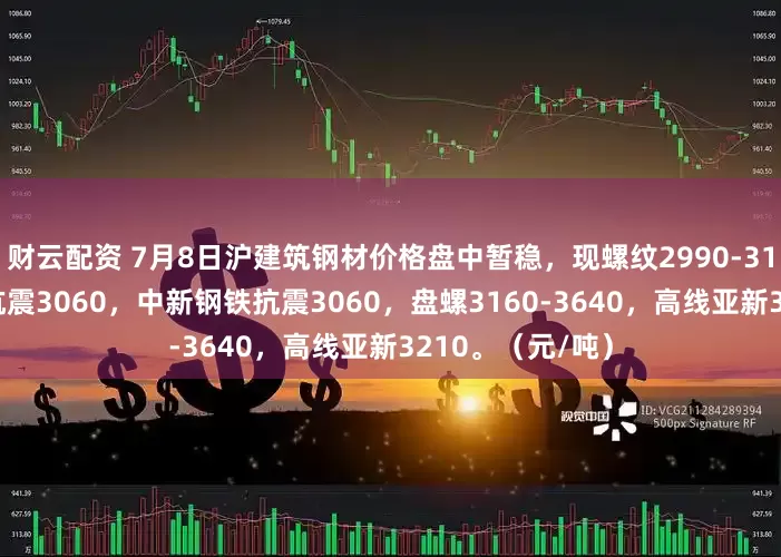 财云配资 7月8日沪建筑钢材价格盘中暂稳，现螺纹2990-3120，联鑫黄海抗震3060，中新钢铁抗震3060，盘螺3160-3640，高线亚新3210。（元/吨）