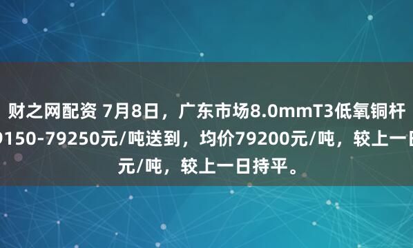 财之网配资 7月8日，广东市场8.0mmT3低氧铜杆报价79150-79250元/吨送到，均价79200元/吨，较上一日持平。